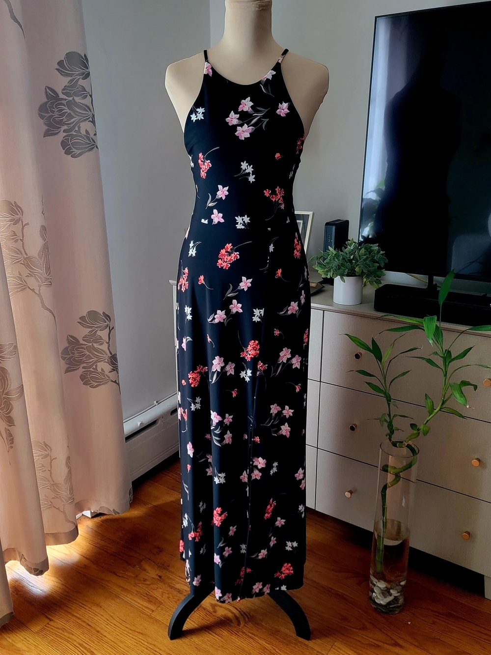 Express Black Floral Cross Back Adjustable Tie Maxi Dress - Size Small